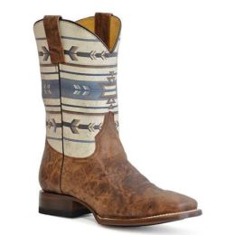 Roper Burnished Tan with White Native Design Top Cowboy Aztek Mens Western Boots 0902070168424TA