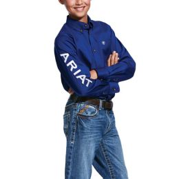 Ariat Blue and UltraWhite Team Logo Twill Boys Classic Fit Long Sleeve Shirt 10030164