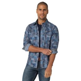 Wrangler Blue Patches Print Retro Premium Patchwork Men's Snap Western Shirt 112324850