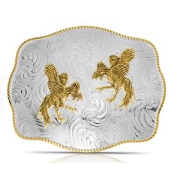 Montana Silversmiths Extra Large Engraved Scalloped Buckle with Fighting Roosters 1707M