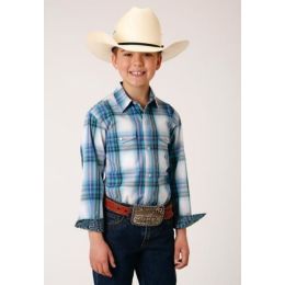 Roper Clear Sky Teal/Green Plaid Boy's Amarillo Longsleeve Snap Shirt 0303002782085GR
