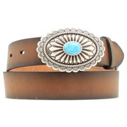 A1512002 Brown Plain Leather With Turquoise Accent Buckle Womens Belts