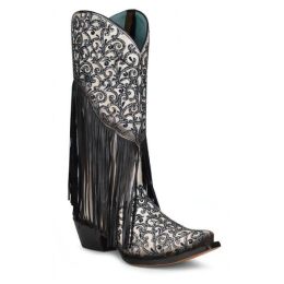 Corral White/Black Overlay 13 inch Boots with Embroidery and Fringe C3877