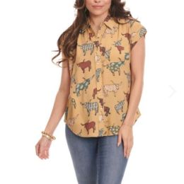 Cotton and Rye Outfitters Yellow with Longhorn Print Women's Short Sleeve Top CRW7134M