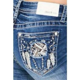 Grace in LA EasyFit Womens Denim Jeans featuring Steer Head and Feathers EB5541