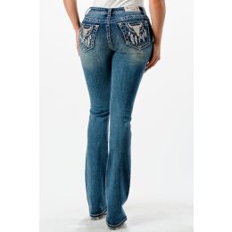 Grace in LA Blue Easy Fit Metallic Longhorn with Embroidered Feathers Pocket 32 inch inseam Women's Jeans EBS600-32