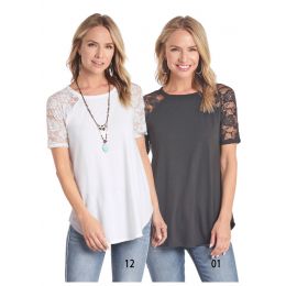 Panhandle LadiesWhite Fashion Top with Lace Shoulders and Sleeves L9T4333-12