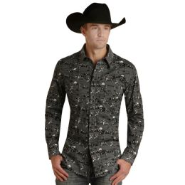 Rock and Roll Cowboy Steel Grey Men's Conversational Woven Long Sleeve Stretch Snap Shirt RRMSOSR08R