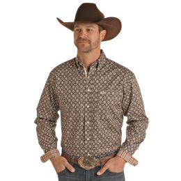 Rock and Roll Cowboy Taupe Mens Long Sleeve Button Front Shirt with Crest RSMS0DRYTM
