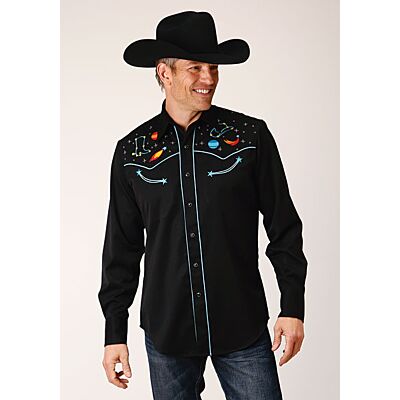 Karmen Roper Black Space Cowboy Embroidery Men's Long Sleeve Snap Western Shirt 03-001-0040-0676 BL