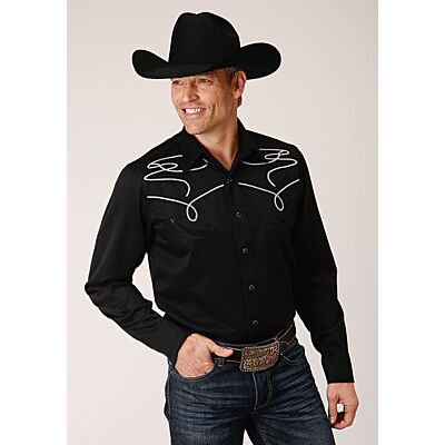 Karmen Roper Black Bronc Rider Embroidery Men's Long Sleeve Snap Western Shirt 03-001-0040-0677 BL