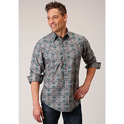 Karmen Roper Grey Geometric Aztec Men's Long Sleeve Snap Western Shirt 03-001-0067-0304 GY