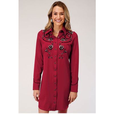 Roper Old West Collection Red Women's Long Sleeve Collared Dress With Embroidery 0305700400670RE
