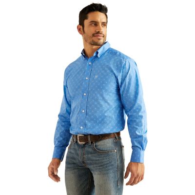 Ariat Regatta Blue with Print Wrinkle Free Russel Men's Fitted Button Down Longsleeve Collared Shirt 10048364