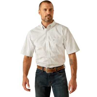 Ariat White with Print Emre Fitted Button Down Men's Short Sleeve Collared Shirt 10051244