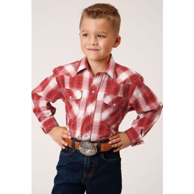 Karman Roper Orange/Red/White Window Pane Plaid Boy's Longsleeve Western Snap Shirt 10301016077OR