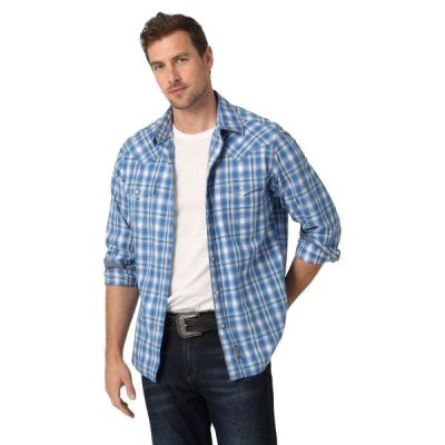 Wrangler Riviera Blue Plaid Retro Premium Long Sleeve Western Snap Shirt 112327792