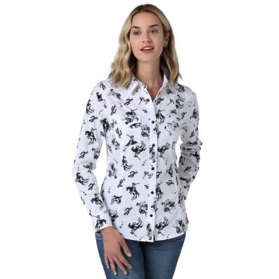 Wrangler White Print Retro Cowgirl Cactus Women's Western Snap Shirt 112330046