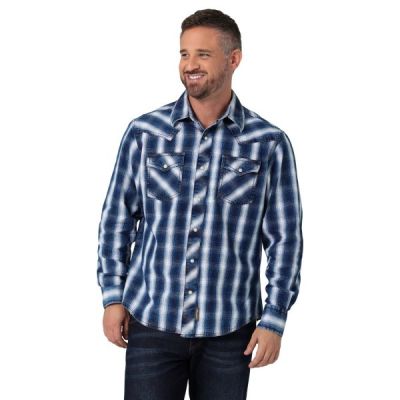 Wrangler Indigo Plaid Retro Premium Long Sleeve Men's Slim Fit Western Snap Shirt 112330787