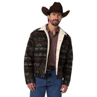 Wrangler Olive Jaquard Print Men's Sherpa Lined Jacket 112335735