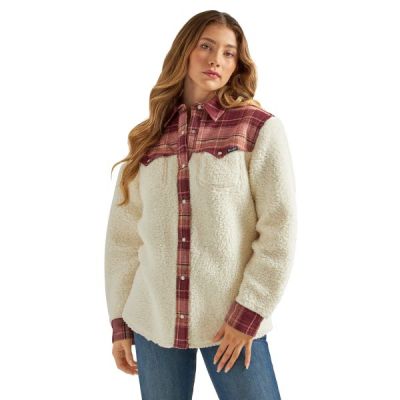 Wrangler Antique White Retro Boyfriend Sherpa Women's Western Snap Shirt Jacket 112339479