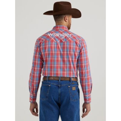 Wrangler Red Plaid Men's Collared Longsleeve Western Logo Snap Shirt 112344433