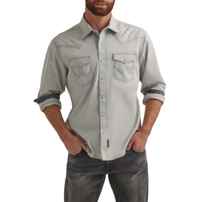 Wrangler Silver Grey Retro Premium Men's Longsleeve Collared Snap Shirt 112344544