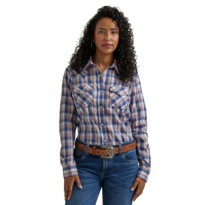 Wrangler Anthem Blue Plaid Women's Collared Long Sleeve Essential Snap Top 112344637