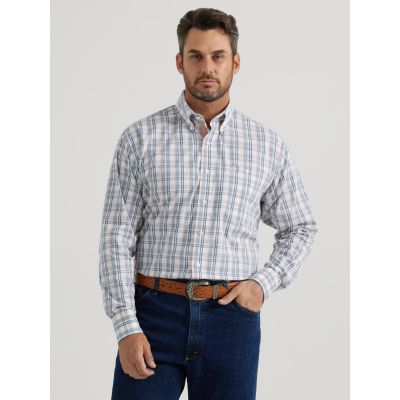 Wrangler White Plaid George Straight Men's Longsleeve Button-down Collared Stretch Shirt 112344867