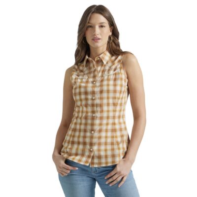 Wrangler Yellow Plaid Women's Slim Sleeveless Collared Snap Front Shirt 112347142