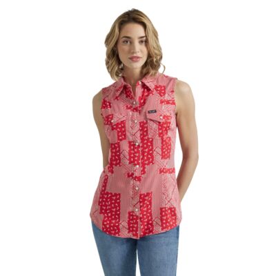 Wrangler Cherry Red Retro Sleveless Print Women's Collared Western Snap Shirt 112347143