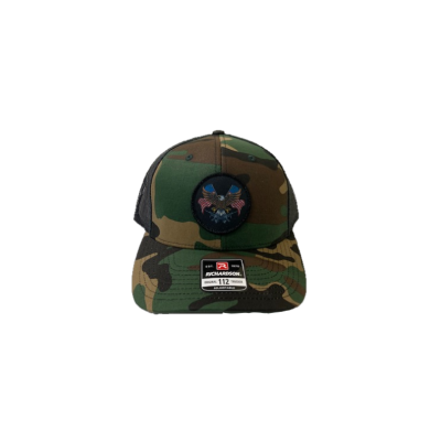 Richardson Green Camo and Black 112 Original Trucker Hat with AR Eagle Patch 1141-CAB-AREAG