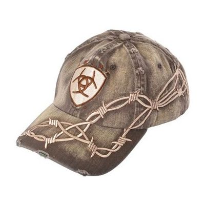 1509802 Distressed Brown With Barbwire Embroidery Ariat Mens Ball Cap