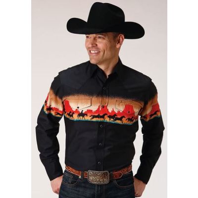 Roper Red Mesa Border Scene Men's Long Sleeve Snap Shirt 300104210630BL