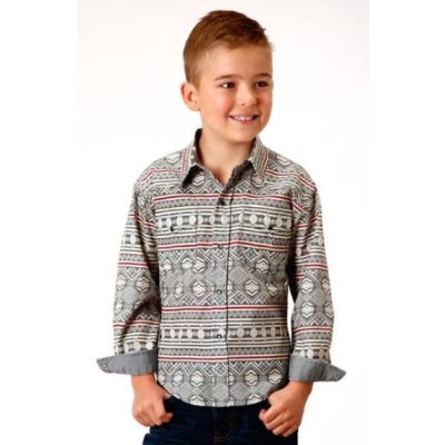 Karman Roper Grey Tribal Texture Print Boy's Long Sleeve Shirt 303000670368GY