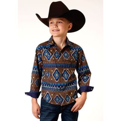 Roper Chocolate Aztec Print Boy's Long Sleeve Snap Front Shirt 303000670760BR