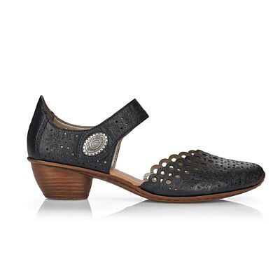 Rieker Black Mirjam Laser Cut Women's Heeled Shoes with Bur-Fastener 43753-00