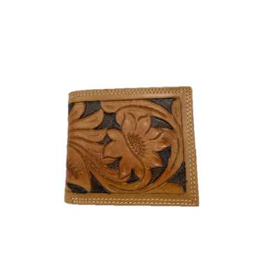 Classic Look Tan/Black Floral Tooled Bi-Fold Wallet 5001-TAN