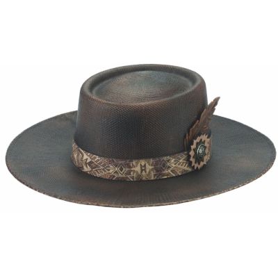 Bullhide Hats Distressed Chocolate with Leather Feather Unusual Mens Hat 5070