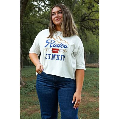 Southern Grace White Rodeo Junkie Women's Crop Tee Shirt 6893E-WHT-RJ
