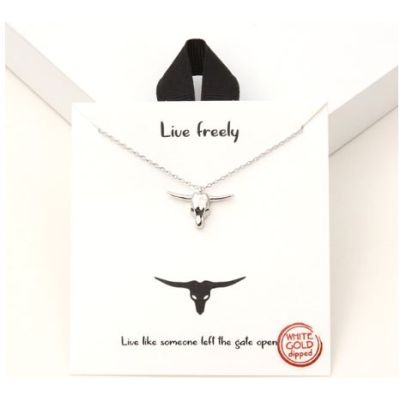Good Feelings Silver Rhodium Dipped Live Freely Western Steer Head Pendant Necklace 94115-SILVER