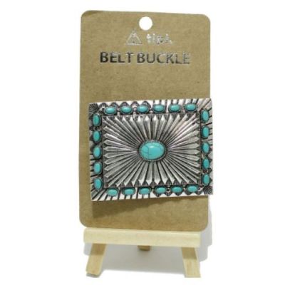 Good Feelings Silver Burnished/Turquoise Western Rectangle Concho Belt Buckle 98619