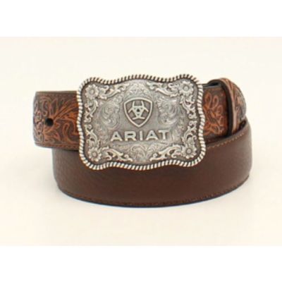 Ariat Rustic Distressed Brown Boy's Leather Belt with Antiqued Silver Floral Buckle A1301002