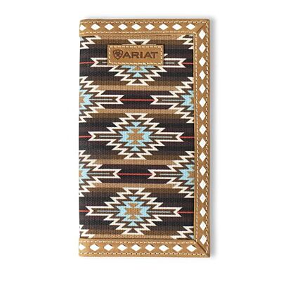 Ariat Brown Leather and Cotton Rodeo Style Men's Wallet with Southwestern Diamond Lace Design A3559102