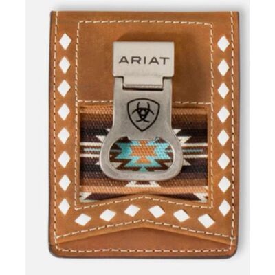 Ariat Brown Leather and Cotton Money Clip Style Men's Wallet with Southewestern Diamond Lacing Design A3559302