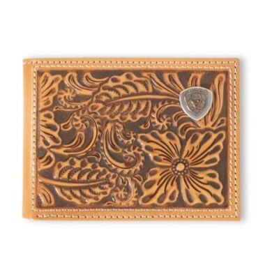 Ariat Brown Leather Bifold Style Men's Wallet with Floral Embossed Design and Removable Passcasse A3559848