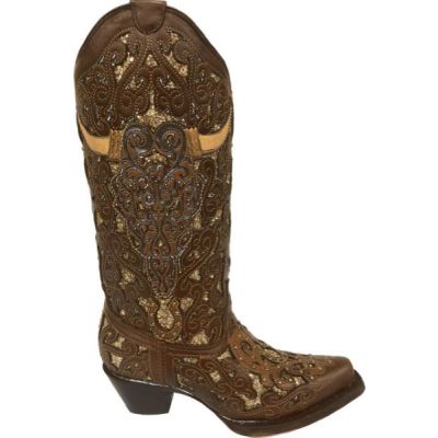 Corral Brown with Gold Glitter Inlay and Bull Skull Women's Snip Toe Western Boots with Stud Detail A4407
