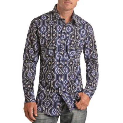 Rock and Roll Denim Blue Denim Vertical Aztec Print Men's Woven Long Sleeve Collared Snap Shirt BMN2S03342