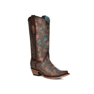 Corral Copper with Teal Embroidery and Studs Women's 13 inch Snip Toe Western Boots C3973