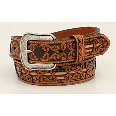 3DTan Tooled Overlay and USA Flag Underlay Men's Leather Belt D100012408
